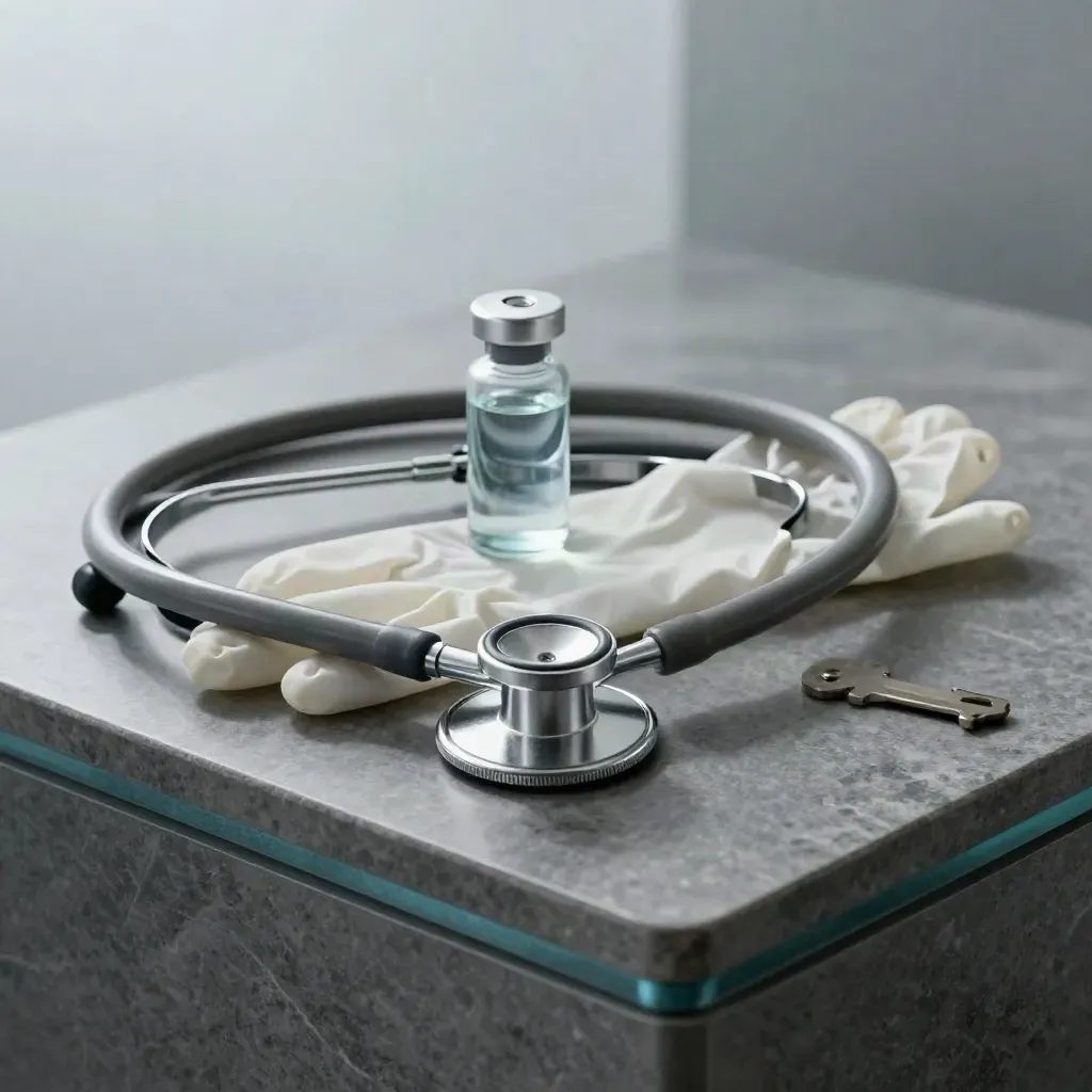 Stethoscope chestpiece, specimen vial, and gloves on stone in dramatic clinical still life