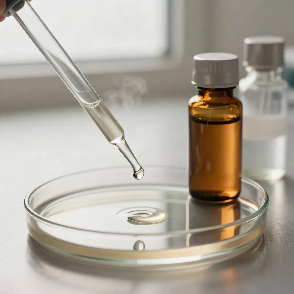 Glass pipette, amber vial, and petri dish with a droplet on brushed metal in lab haze.