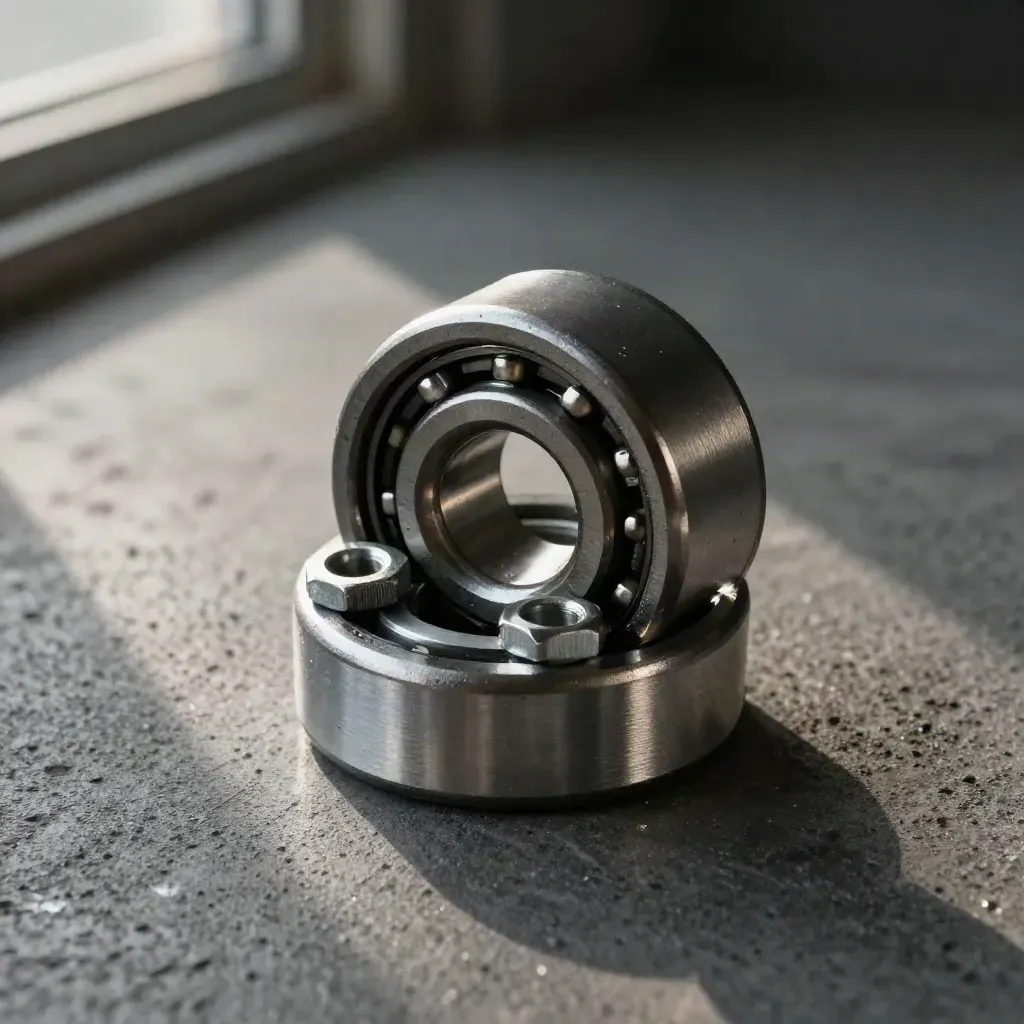Machined coupling, hex fasteners, and bearing race on dark concrete, top-down close-up.