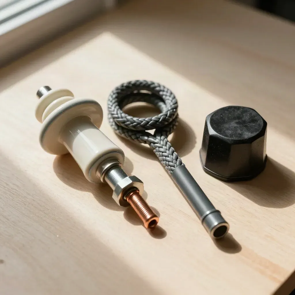 Top-down still life of an insulator, braided cable sleeve and valve cap on pale wood.