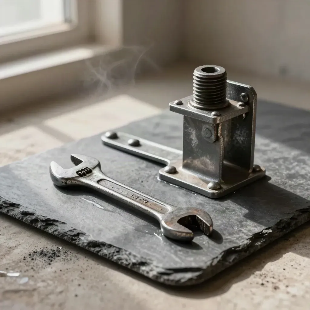 Rail bracket, coupling pin and worn wrench on slate under dramatic workshop light