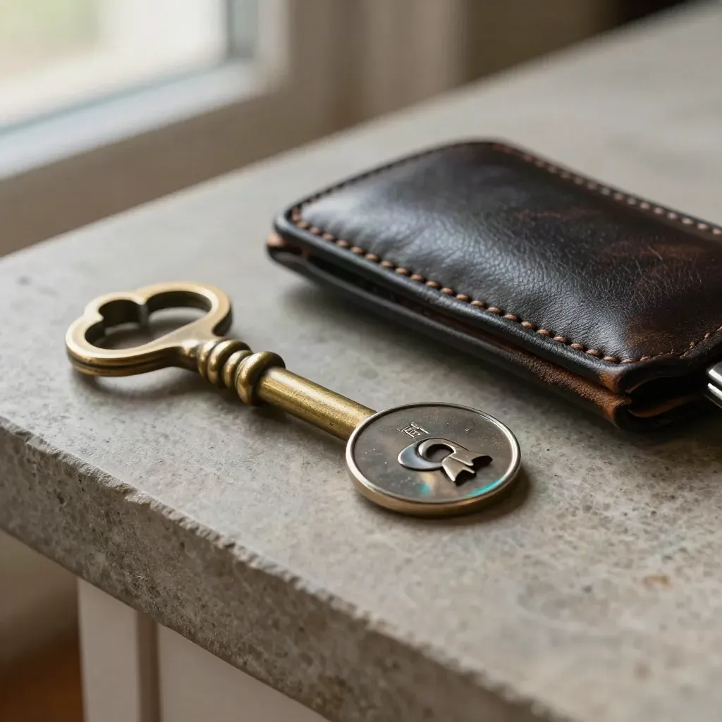 Brass vault key, security token, and leather key sleeve on brushed stone