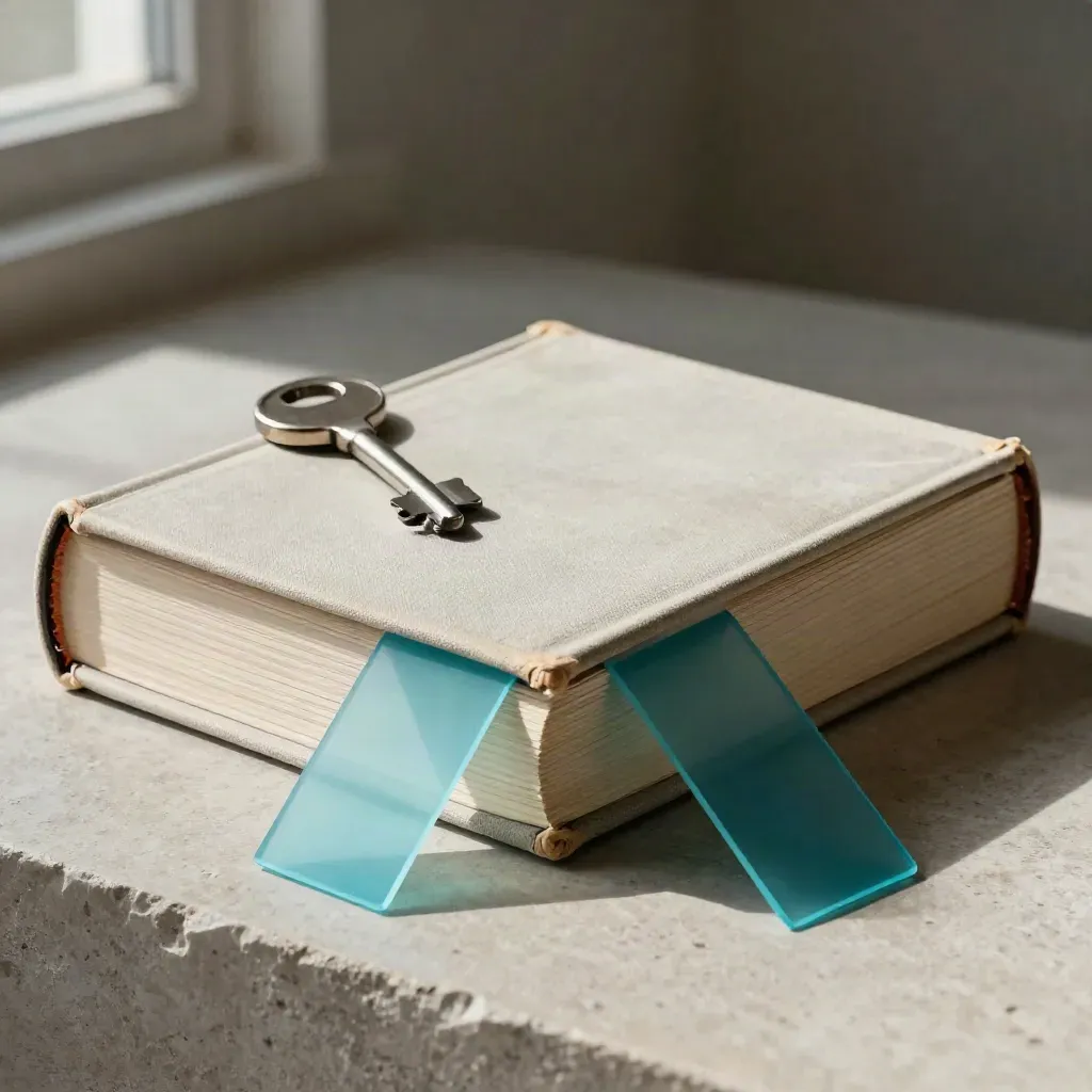 Hardbound dictionary with cyan bookmark and page clip on pale stone, lit dramatically.