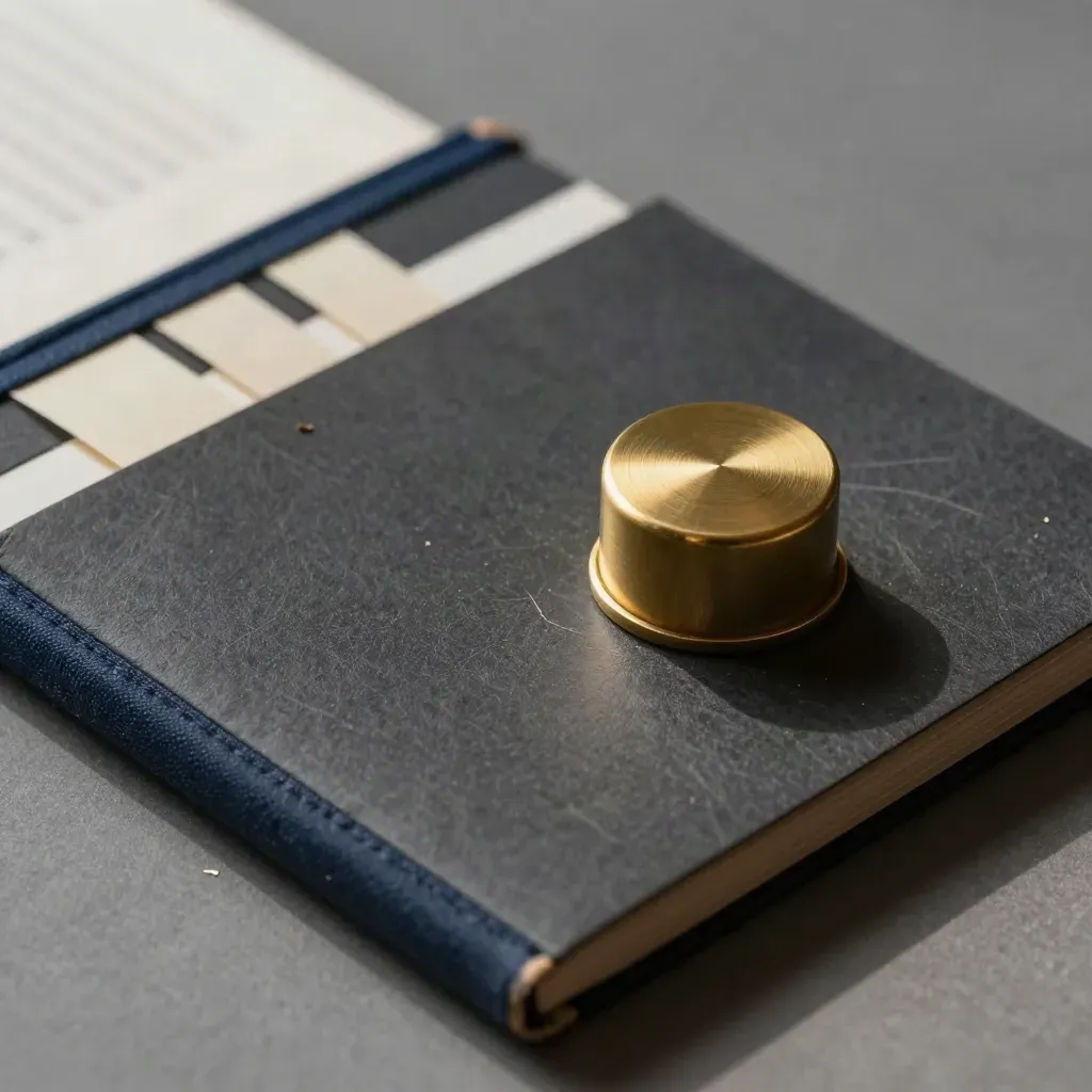 Macro still life of a pocket lexicon with brass paperweight and blank tabs on charcoal paper.