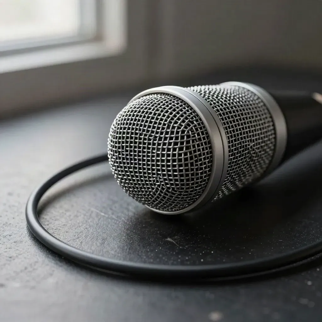 Microphone capsule, pop-filter ring, and braided cable on blackened steel