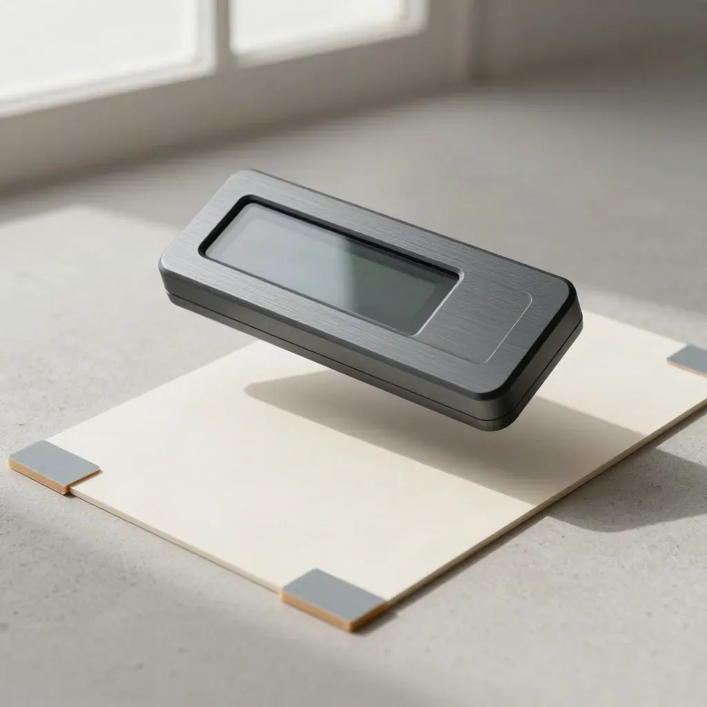 Scanner wand hovering above a blank card with corner tabs on pale concrete.