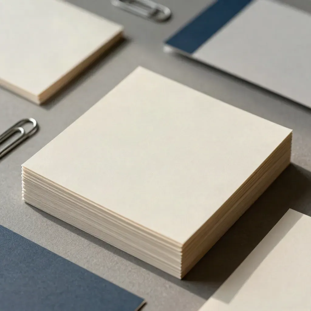 Overhead macro of blank proof cards, paper clips, and folded packaging mockups on warm gray board.