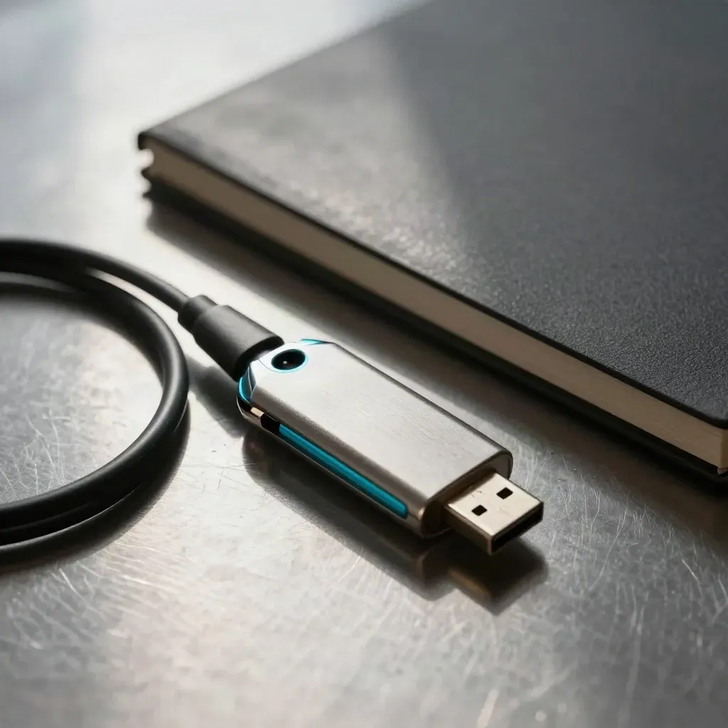 USB security key beside a coiled USB-C cable and closed notebook on brushed metal.
