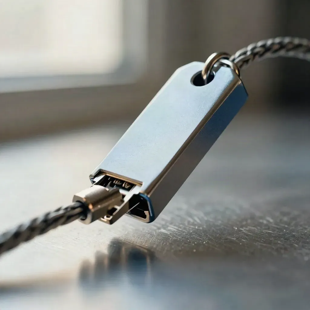 Macro of a hardware security token between braided network cables on anodized metal.