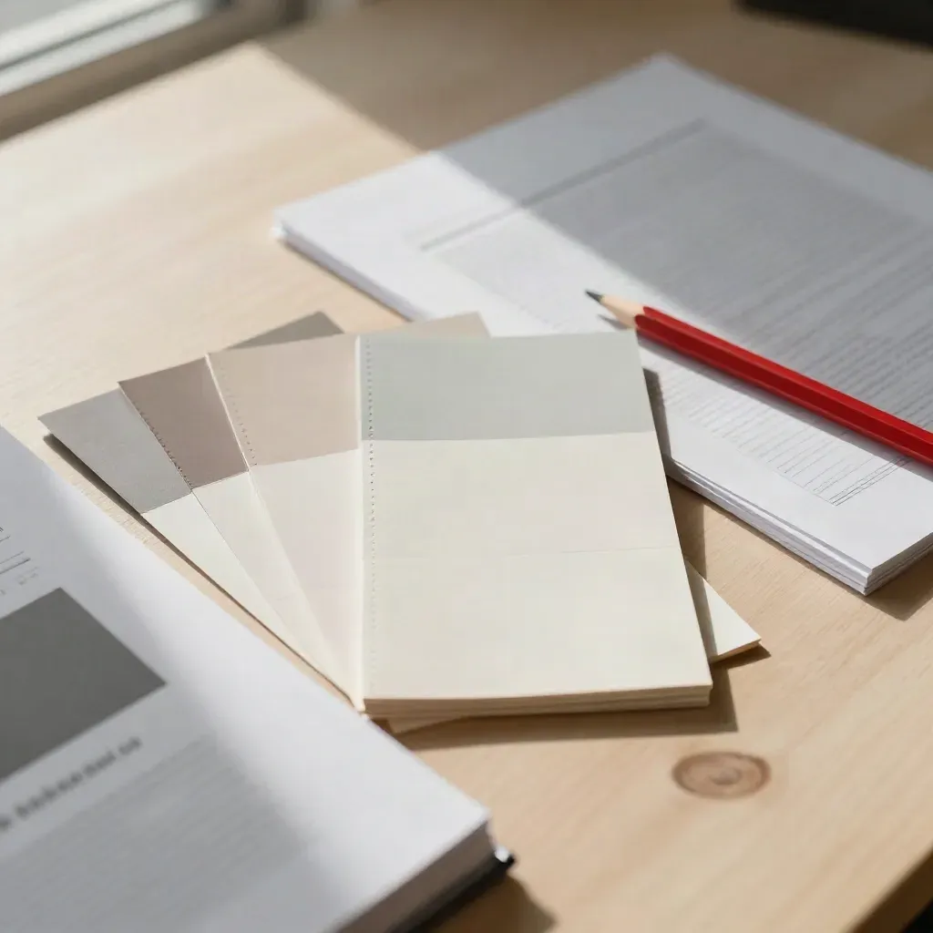 Top-down flatlay of swatch fan, red pencil, and folded proof sheets on pale wood.