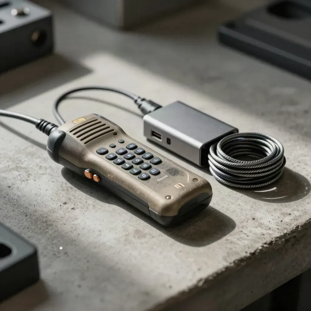 Rugged handset, USB hub, and cable spool on a concrete bench seen through a blurred rack edge.