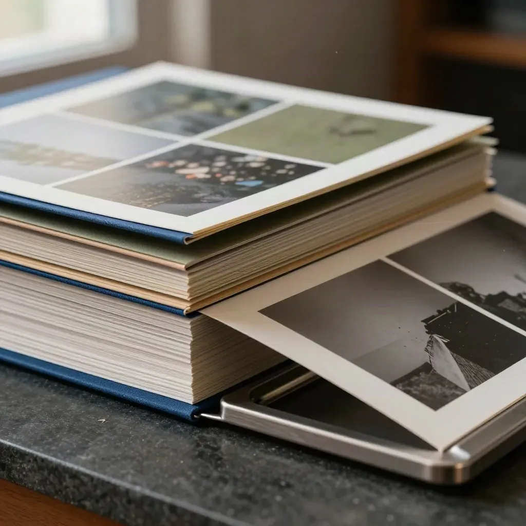Archival proof stack half-fed into a tray beside folders on dark stone.