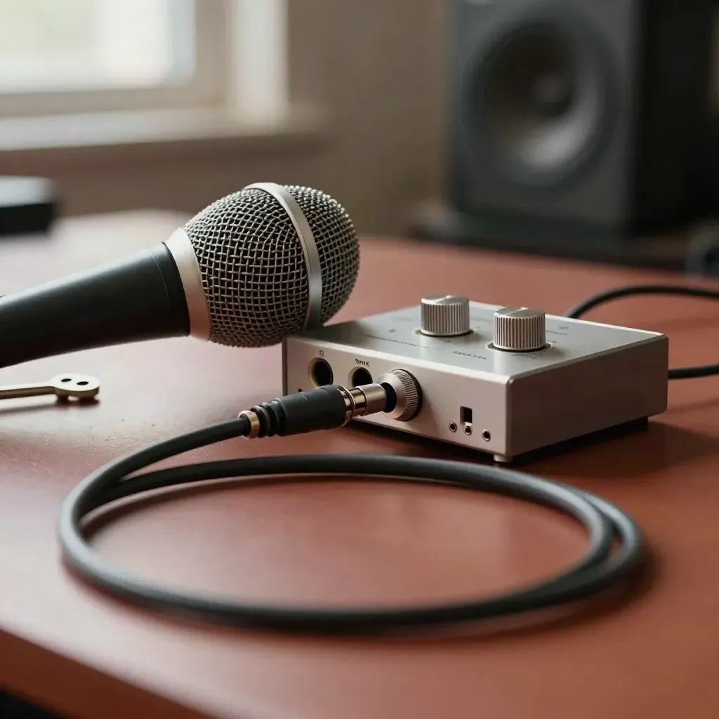 Macro still life of a microphone, audio interface, and coiled cable on a dark terracotta desk.