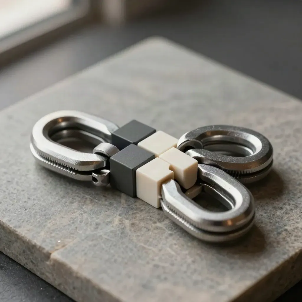 Top-down macro of interlocking metal links and snap-fit blocks on brushed stone.
