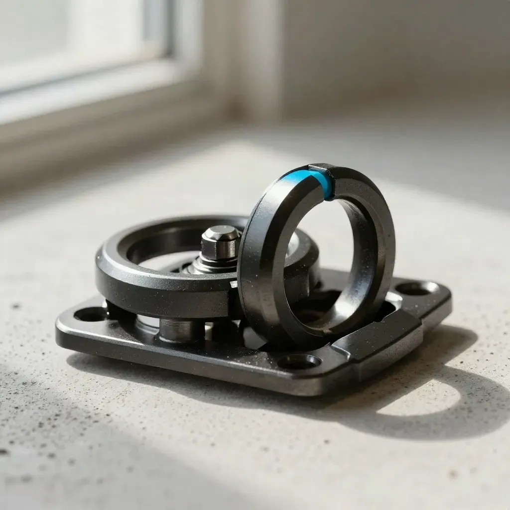 Matte-black hinge rings and pin on pale concrete with a cyan accent, close and detailed.