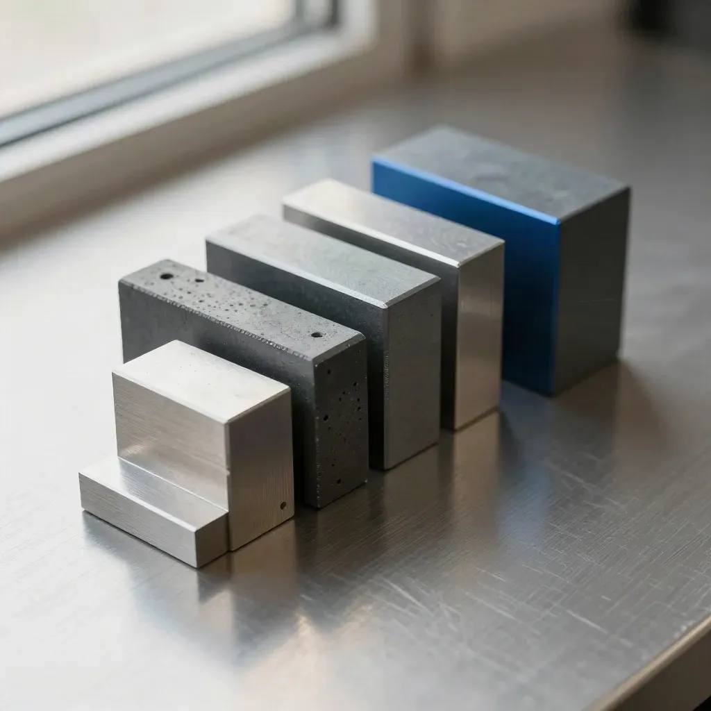 Graphite modular blocks and a steel connector on brushed metal, seen top-down.
