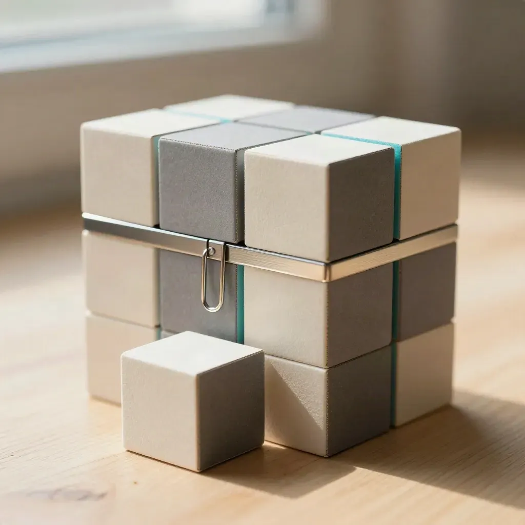 Modular paperboard cubes, clip, and joining bar on pale wood with soft daylight.